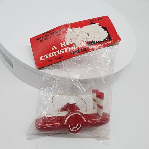 Vintage Christmas House Boat Ornament Wooden Red & White Sealed - Picture 5 of 6
